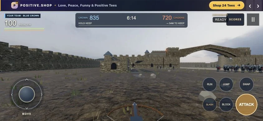 First-person view of SwordFury's stone castle, soldiers and crossbow with landscape touch controls